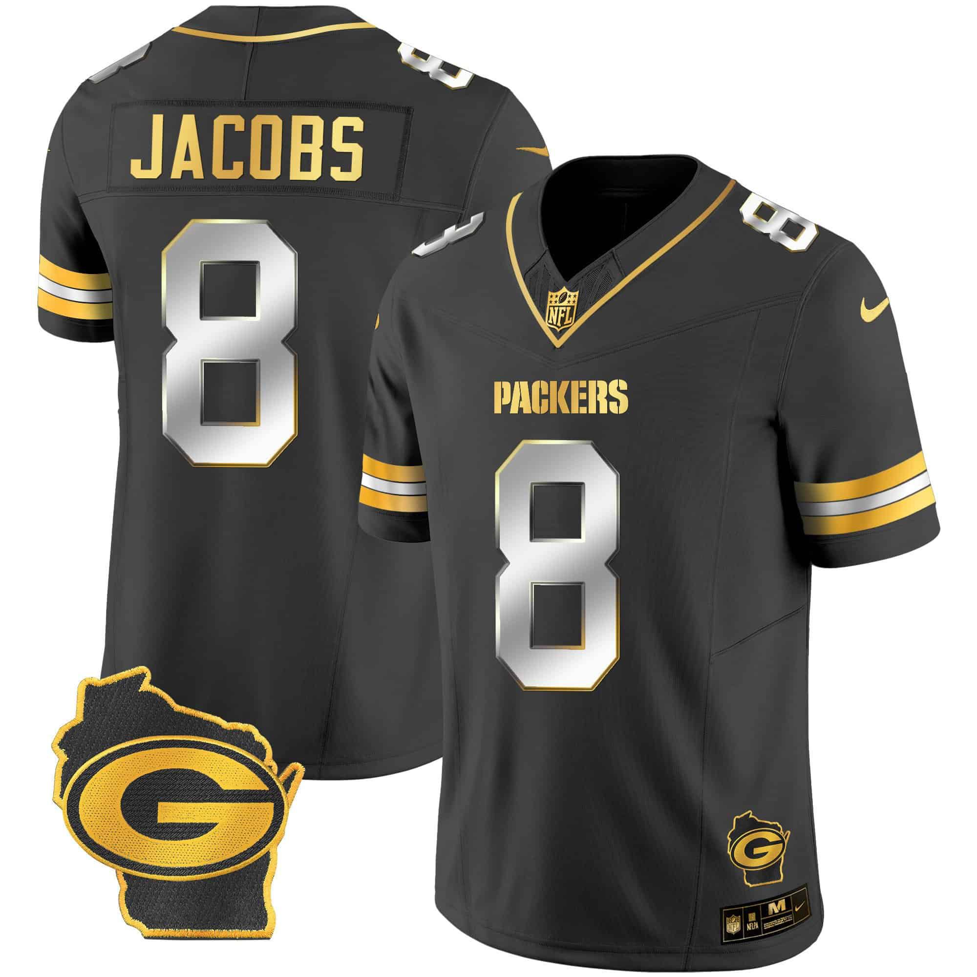 Men Green Bay Packers #8 Jacobs Black Gold 2024 Nike Home Patch Vapor NFL Jersey style 1